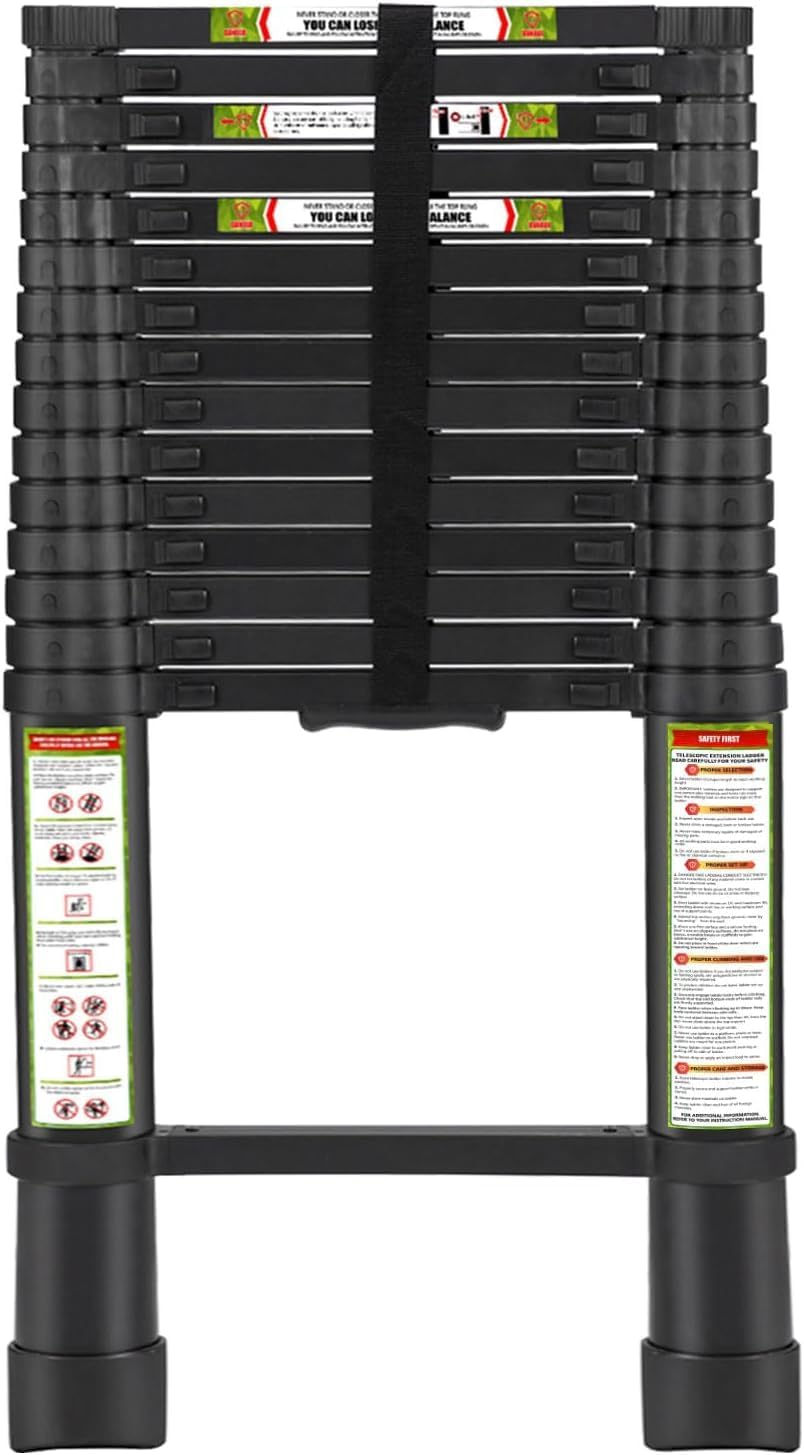 RIKADE Telescoping Ladder 20.3 ft & Attic Ladder, Heavy Duty Aluminum with Non-Slip Feet, 330 lb Capacity for RV, Attic, Loft & Multi-Surface Use, Black