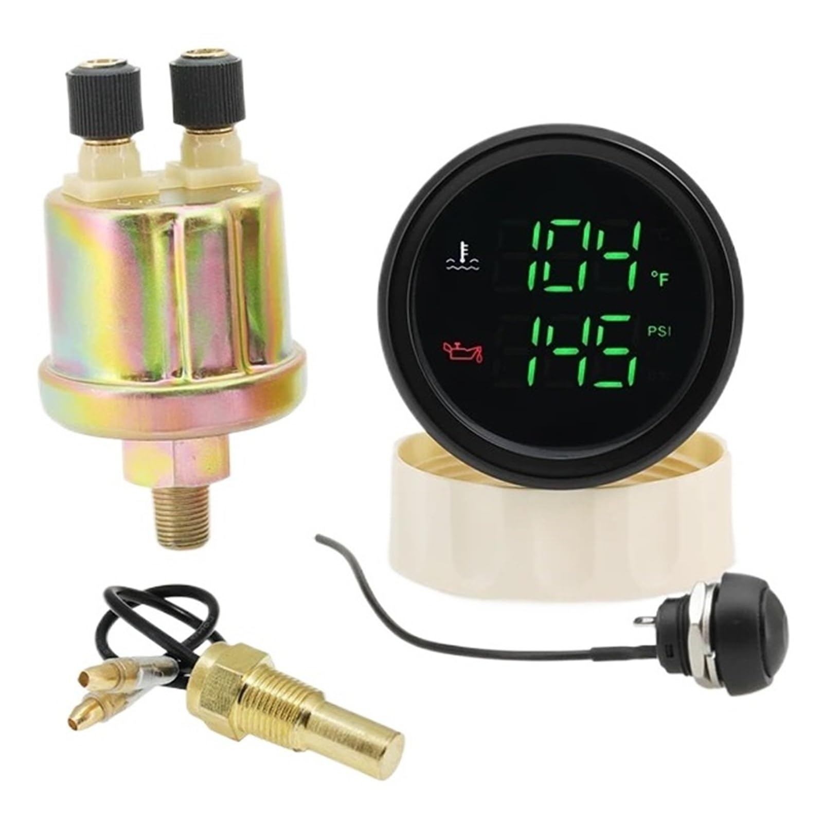 Podwójny wskaźnik 2 w 1 z alarmem, czerwona dioda LED cyfrowy 52mm miernik ciśnienia oleju/miernik temperatury wody + czujnik do samochodu samochód łódź 12V24V Wyczyść czytanie(BN Green LED)