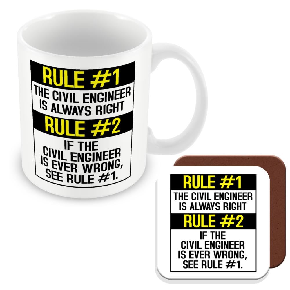 MUGGZ Mug & Coaster/Gift for Civil Engineers - Rule #1 The Civil Engineer is Always Right. Rule #2 If The Civil Engineer is Ever Wrong See Rule #1 - Giftset - Made in The UK