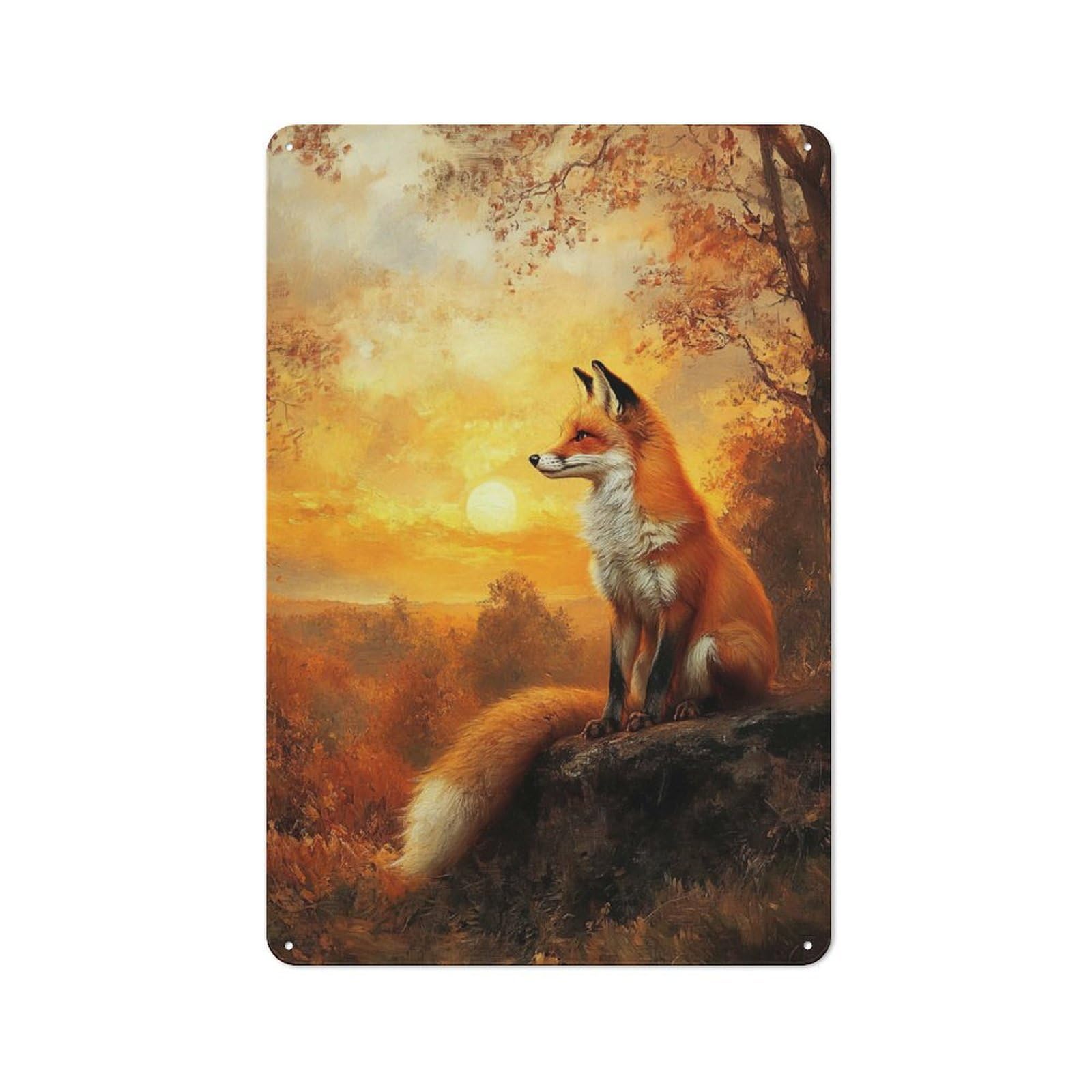 Junmoney Fox At Sunset Rustic Tin Wall Plaque 30X20cm For Garage Or Workshop, For Home Interiors, Feature Walls And Decorative Displays