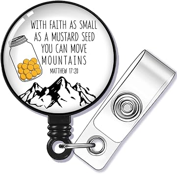 With Faith As Small As A Mustard Seed Badge Reel Retractable With Alligator Clip, Funny Proud ID Badge Holder Faith gift for Any Church Goer, Pastor Christian Office Worker Nurse Doctor Teacher