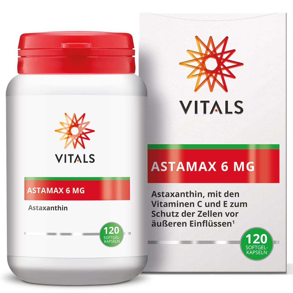 Vitals - Astamax 6mg hohe Dosis Astaxanthin 120 Softgel-Kapseln. Natürliches Astaxanthin aus Algen mit Vitamin C und E. Mit AstaReal vom Astaxanthin-Experten AstaReal