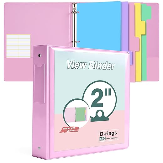 3 Ring Binder 2 inch，Cute Binder Organizer with 5 Tab Dividers Fits 175 Sheets of 8.5x11 Paper, Customizable Clear Cover with Inside Pockets, Aesthetic 2" Three Ring Binders for School Office，Pink