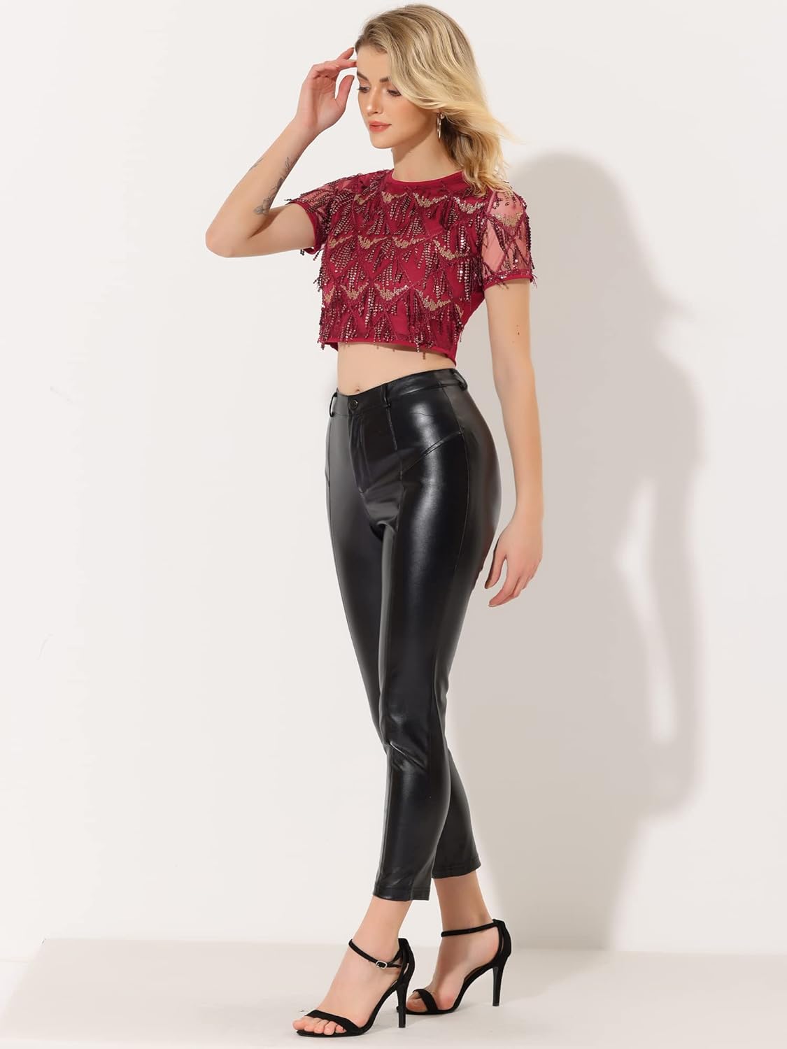 Allegra K Women's Sequin Shiny Glitter Crop Top Christmas Short Sleeves Sexy Party Tassel T-Shirt - Image 3