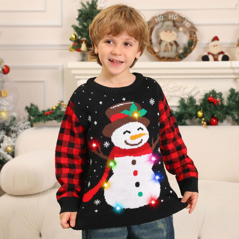 Maglione Natalizio Bambino con Luci, Maglioni Natalizi Bambini Divertenti, Girocollo Maglioncino Natalizio Famiglia Led Ugly Christmas Sweater,Brutti Maglioni di Natale per Bimbo/Bimba/Ragazza/Ragazzo