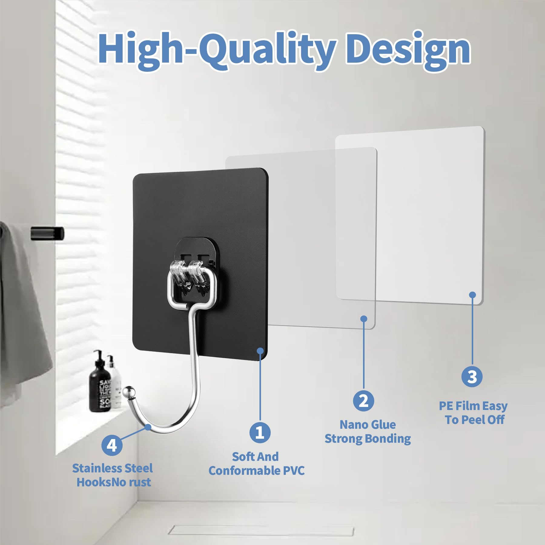 Ganchos adhesivos de pared para colgar, 60 libras, resistentes al agua y al óxido, ganchos adhesivos para paredes sin daños, cocina, baño, alquiler (Ganchos para Pared) paquete de 10