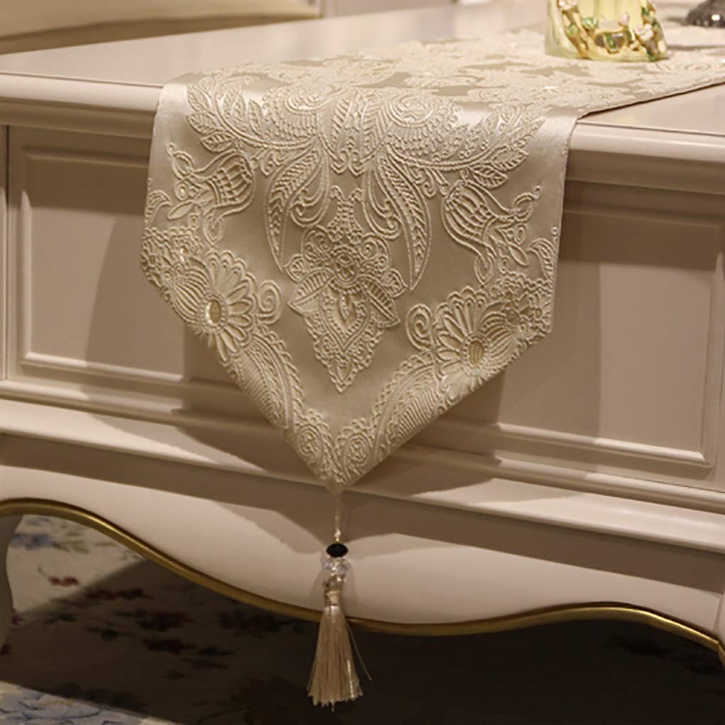Chemin de table fleurs brodées avec pompons damassé Noël doré 32x250 cm