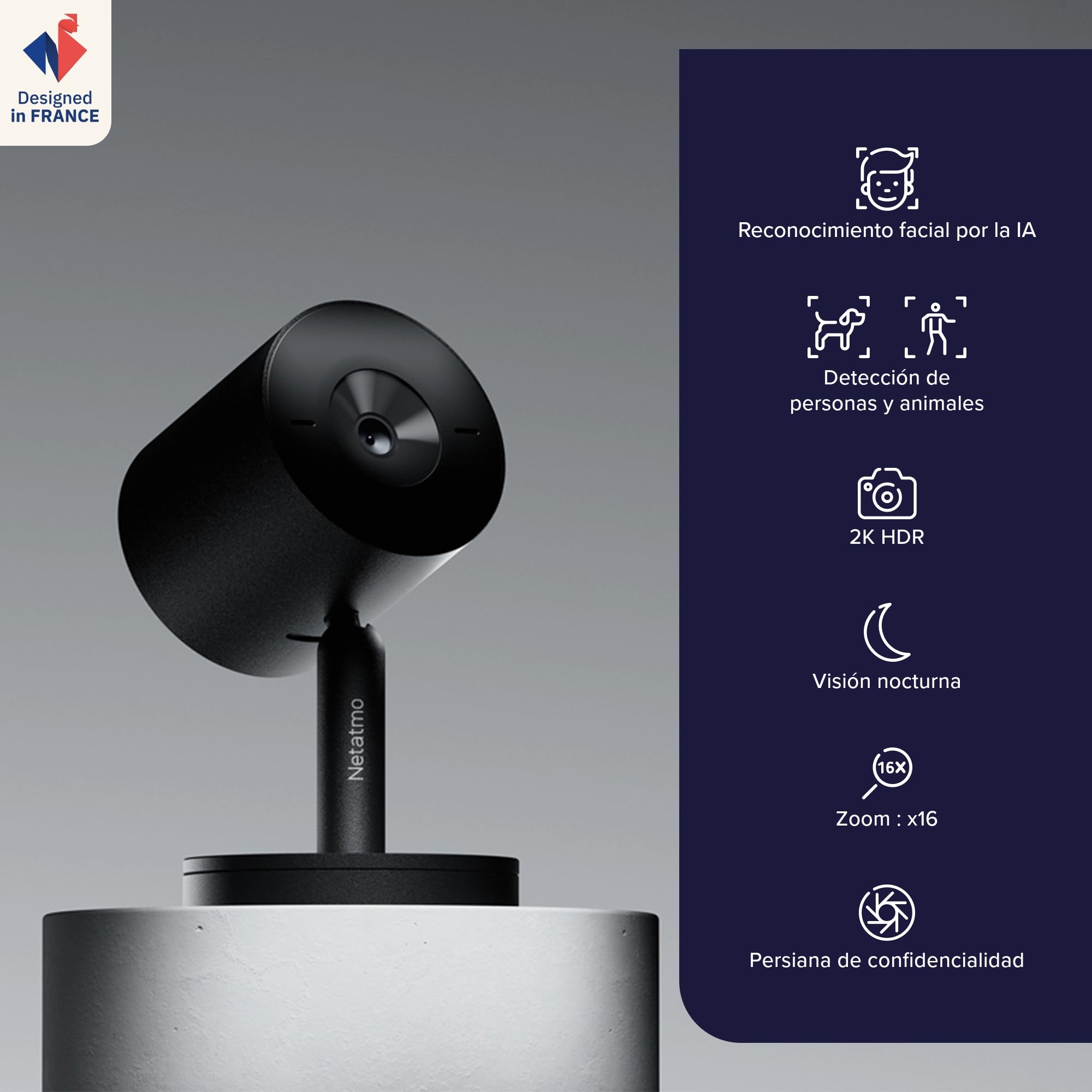 Netatmo Cámara Inteligente para Interiores Advance - Reconocimiento Facial Optimizado por IA, Audio Bidireccional, Ángulo de visión Amplio de 130°, HDR 2K, 30 fps, Zoom X16, 2X SD - Negro