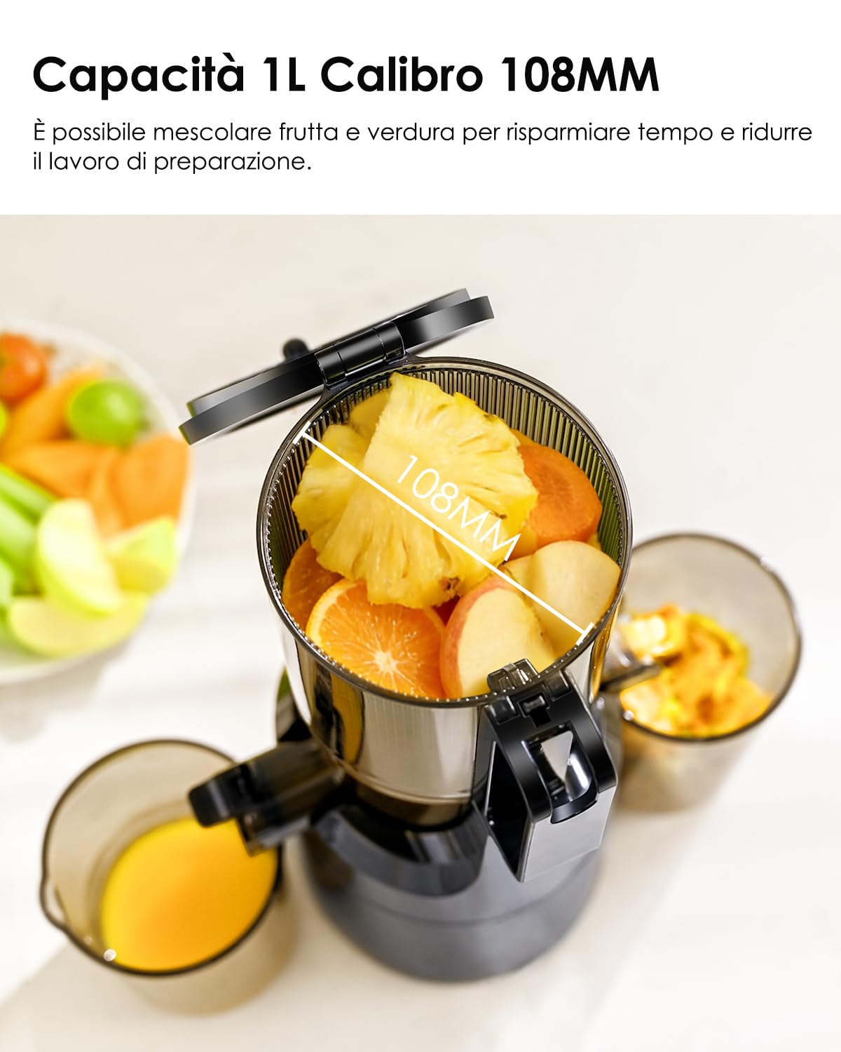 Fretta Estrattore frutta e verdura, apertura 108MM e capacità di 1L estrattore di succo, 200W centrifuga Lenta, 99% nutrienti preservati, senza BPA, facile da smontare e pulire