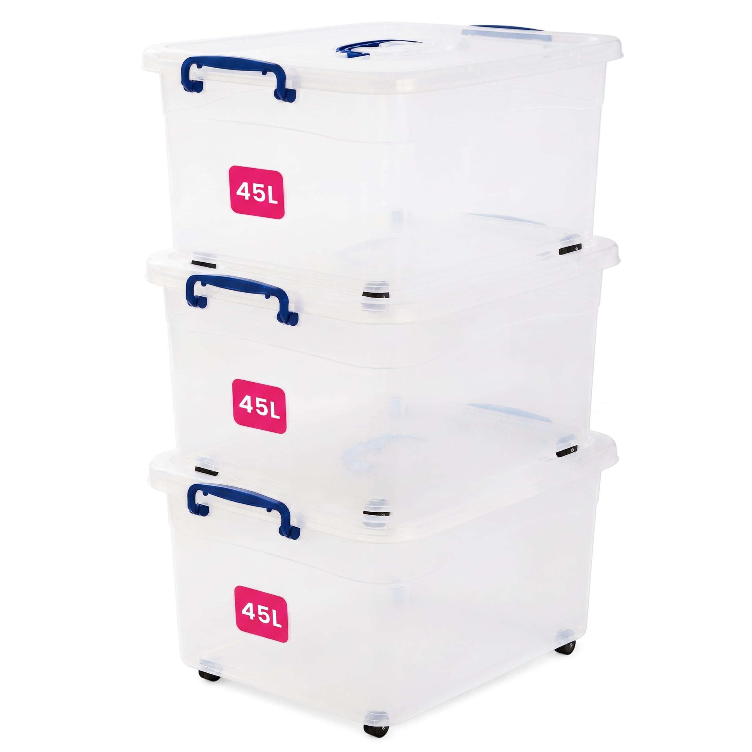 STL 3 x 45L Storage Boxes with Lids, Clip-Lock Lid, Stackable Clear Plastic Storage Containers With Lid For Home, Kitchen, Moving, Garage & Office (Set Of 3)