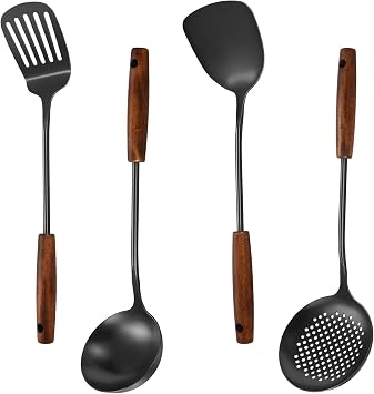 304 Stainless Steel Kitchen Utensils Set, 4 Pcs Long Cooking Utensils Set with Wooden Handle, Large Heat Resistant Kitchen ToolsBlack, Dishwasher Safe