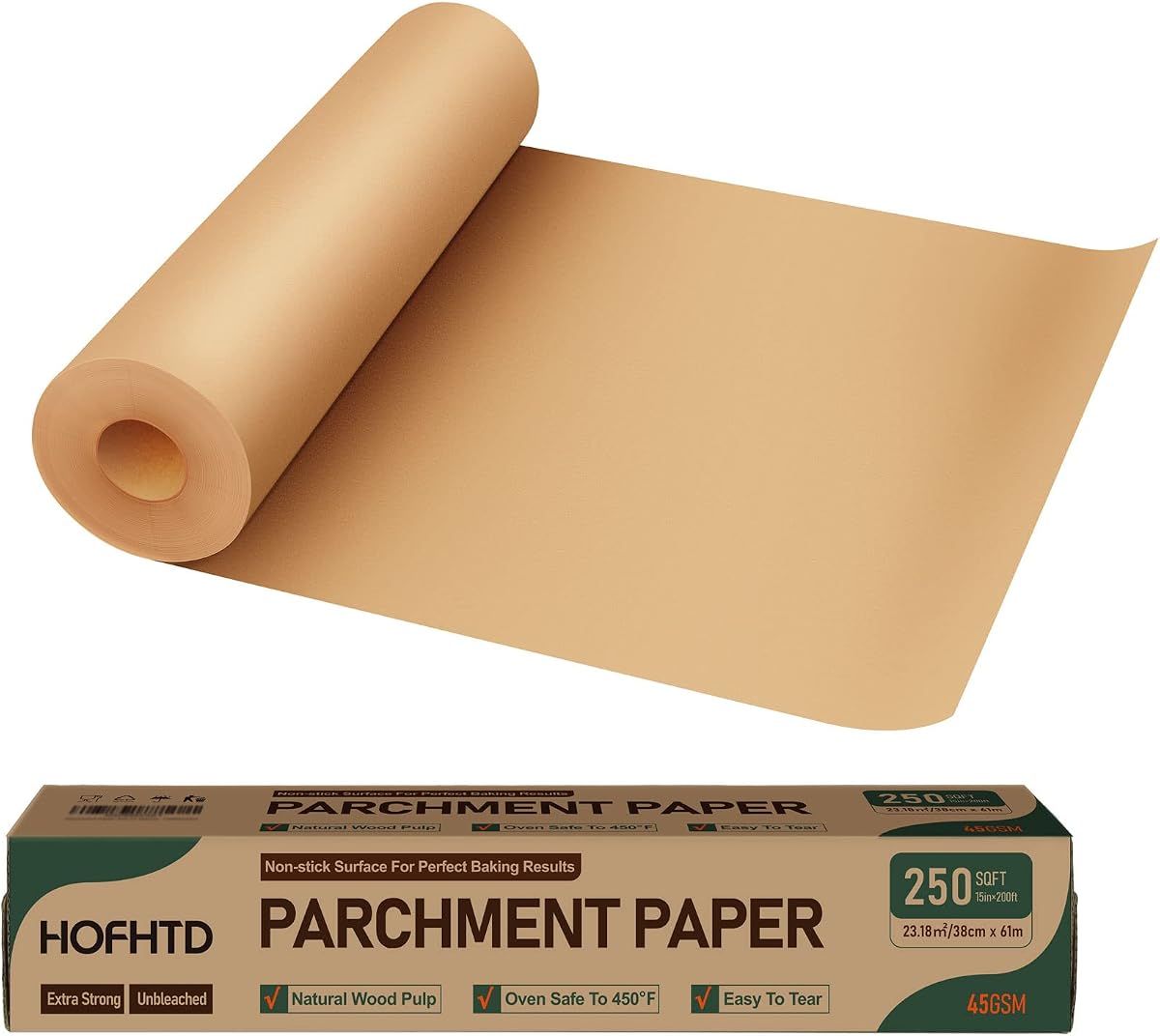Papel pergamino para hornear, forro de papel desechable para freidora de aire de 15 pulgadas x 200 pies, rollo de papel pergamino antiadherente sin blanquear, rollo de papel para hornear HOFHTD para asar, cocinar al vapor, sartenes, horno