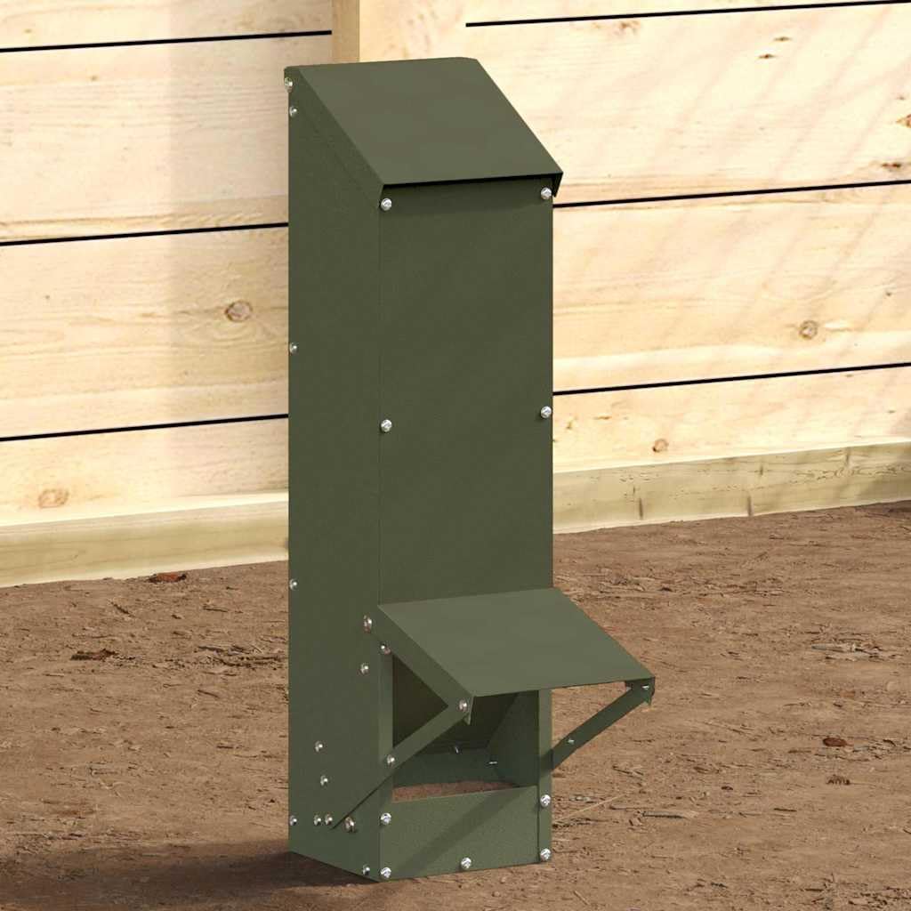 Karmnik dla kur, oliwkowy, zielony, ze stali walcowanej na zimno, 13 x 12 x 51 cm, z dachem, do użytku wewnątrz i na zewnątrz, pojemność 5 kg, trwały, odporny na warunki atmosferyczne