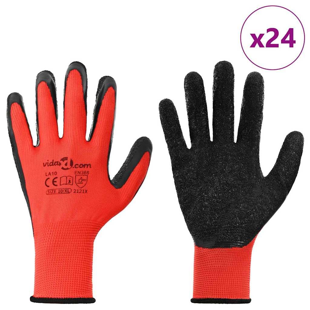 Lot de 24 gants de travail, rouges, noirs, taille 10 XL, avec revêtement en latex, antidérapants, respirants, flexibles, pour jardin, atelier, construction et montage, résistants à l'usure