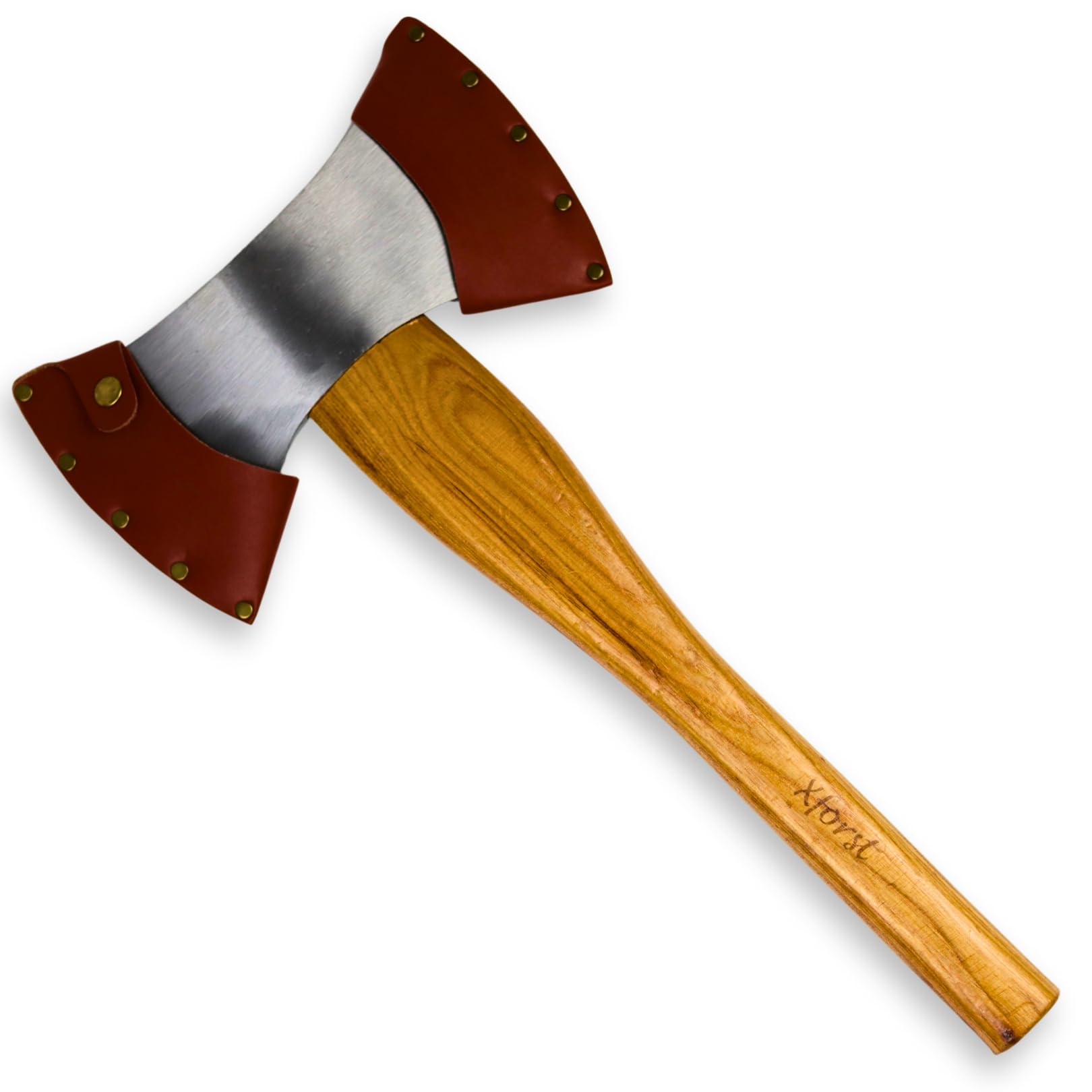 Ascia Accetta Doppia Xforst X-DB in acciaio al carbonio forgiato. Manico in legno di Hickory con fodero per la lama in vero cuoio nero. Ascia vichinga. 42 cm / 1,4 kg.