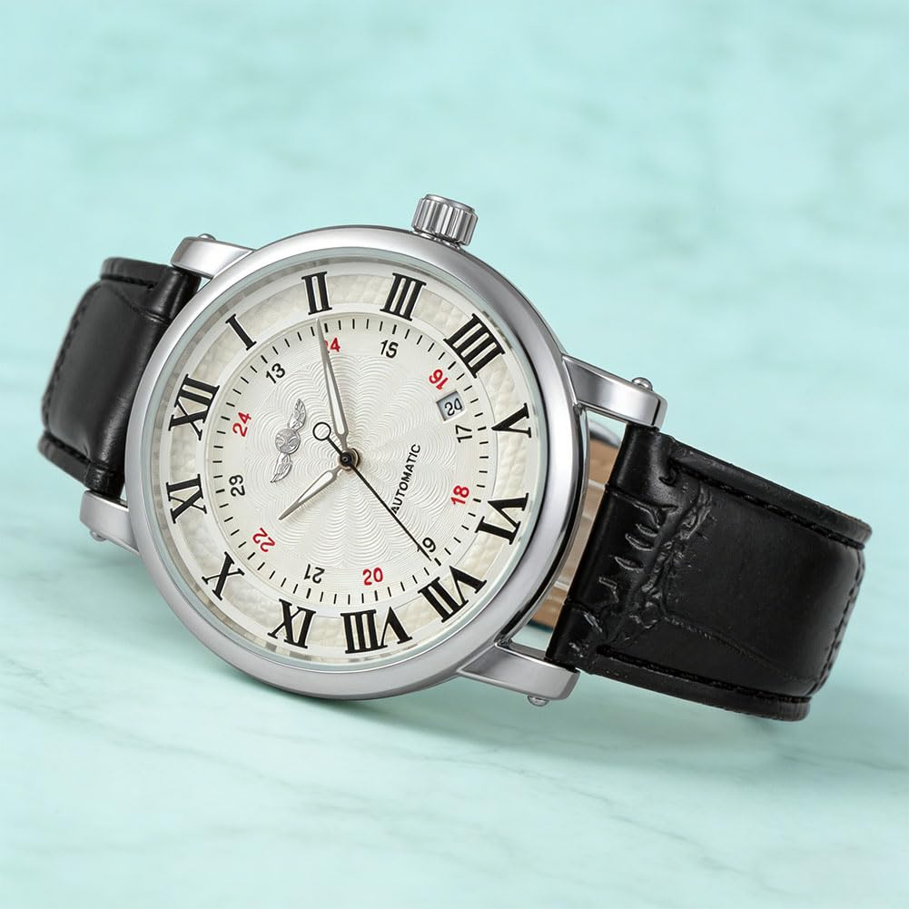 AMONIDA Orologio Meccanico Automatico da Uomo, Orologio con Quadrante con Numeri Romani, Cinturino in Pelle PU con Design da da Polso, Ideale per la Famiglia e gli Amici