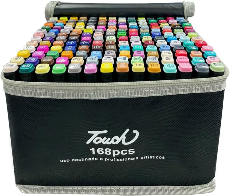 Kit de 168 Canetas Marcador Permanente Ponta Dupla Touch Coloridas para Desenho Profissional Escolar Infantil com Estojo Organizador Base Artista Canetinhas Hidrográficas Alcool Caneta para Colorir