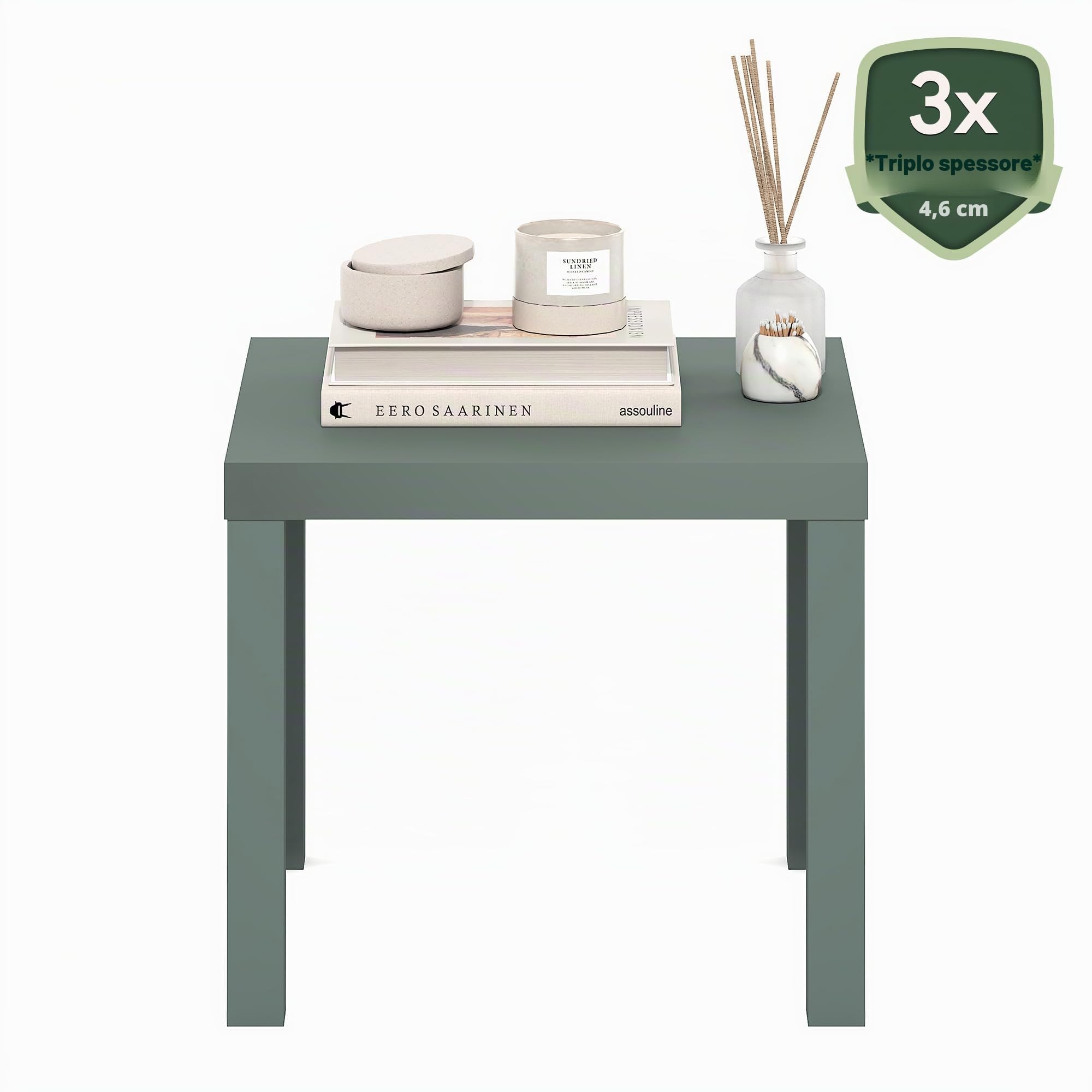Furinno CLASSIC tavolino laterale, tavolino quadrato, comodino con piano spesso 1.8", tavolino da notte, tavolino da letto, per soggiorno, camera da letto, verde salvia