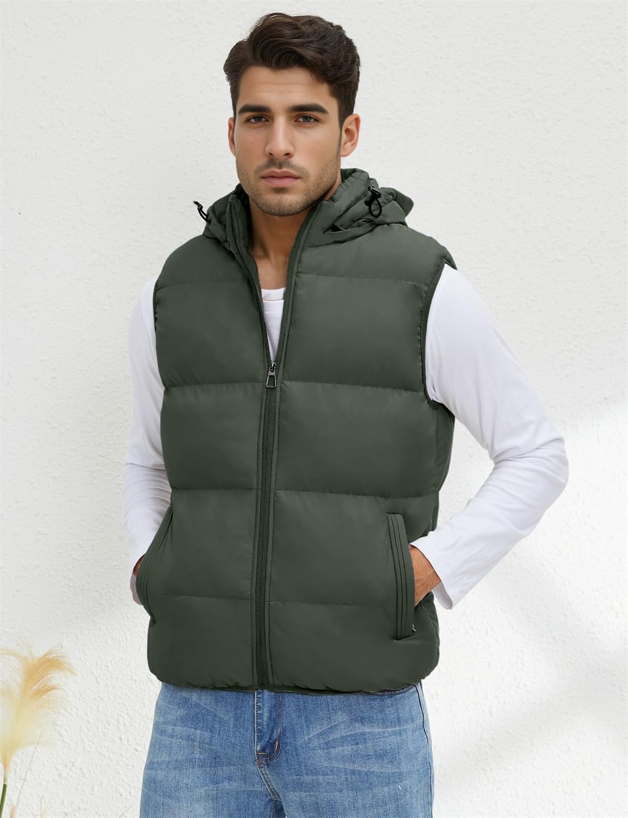 hathne Herren Winter Puffer Weste Ärmellos Warm Reißverschluss Leichte Jacke Weste mit abnehmbarer Kapuze