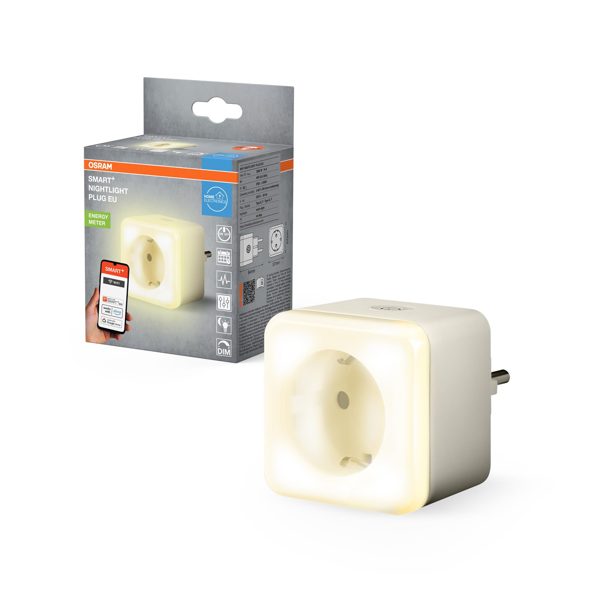 OSRAM SMART+ WIFI EU-Steckdose mit Nachtlicht in Weiß, IP20-Schutz, für Integration von Geräten ins Smart Home und Sicherheit