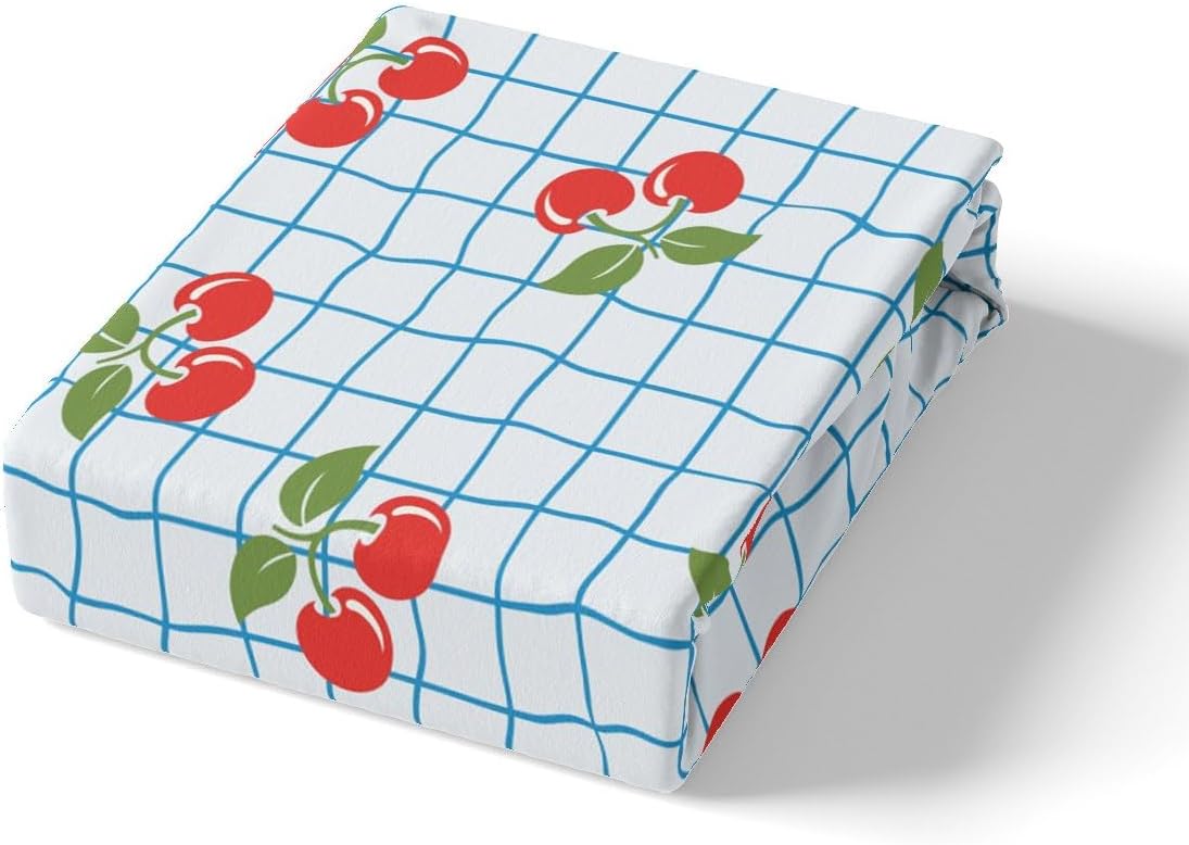 jejeloiu Cute Cherry Comforter Cover Set Cherry Fruit Duvet Cover Set for Kids Boys Girls Blue Grid Plaid Print Bedding Set Kawaii Watercolor Quilt Cover Room 2Pcs Toddler Size,Zipper,No Comforter