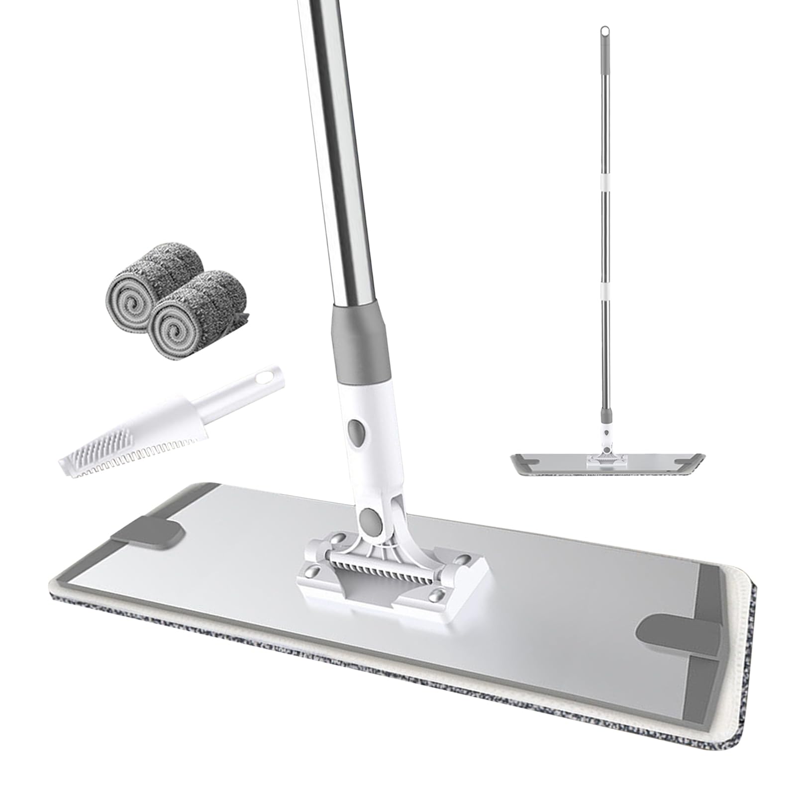 Professionale Mop in Microfibra,Mocio Lavapavimenti con 3 manico in acciaio inox,raschietto,2 panni in microfibra,per Legno Duro, Laminato, Legno, Ceramica (grigio,60cm)