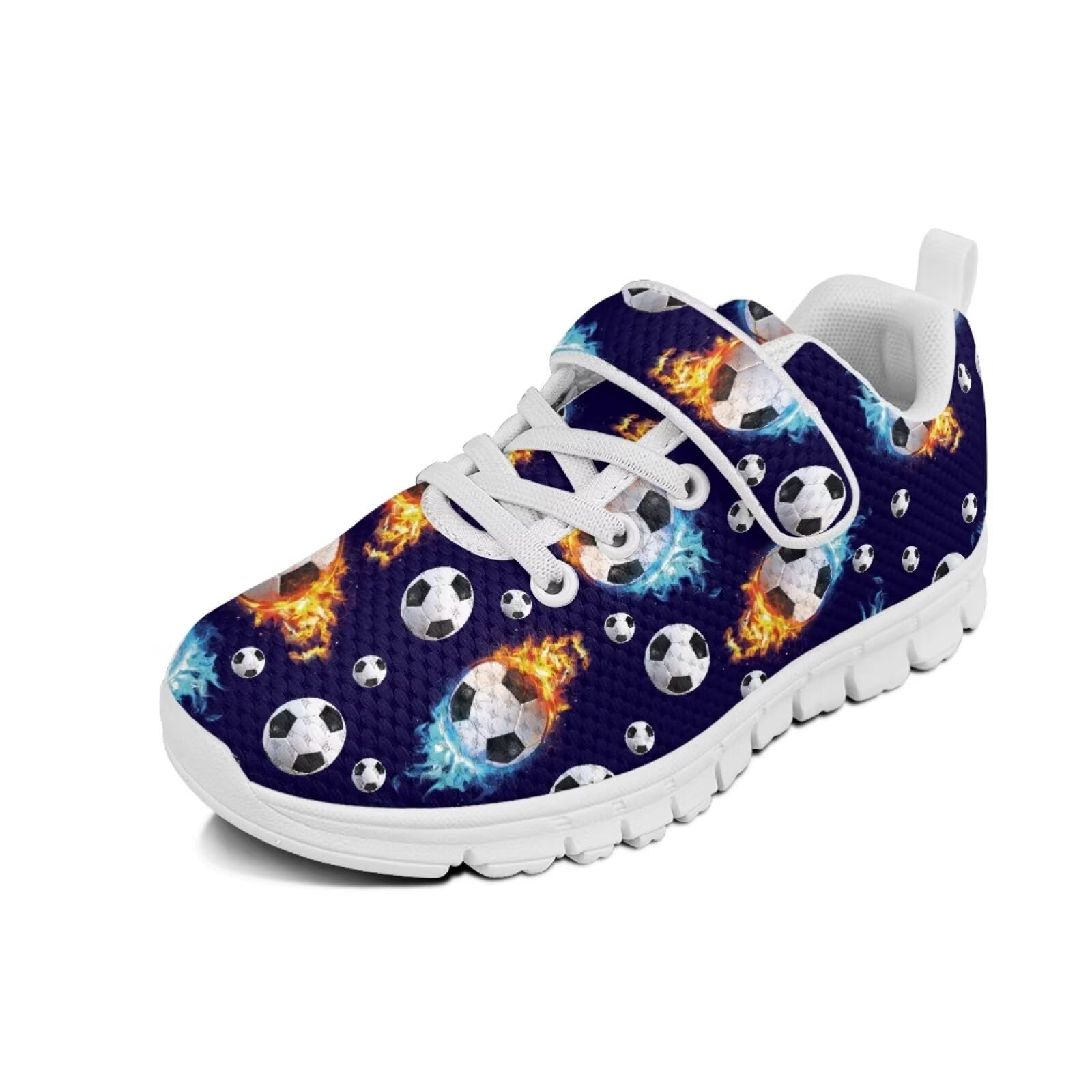 Glomenade Boys Sneakers Boys Non Slip Athletic Blue Flames Football Print Breathable Running Shoes with Adjustable Strap for School,Walking