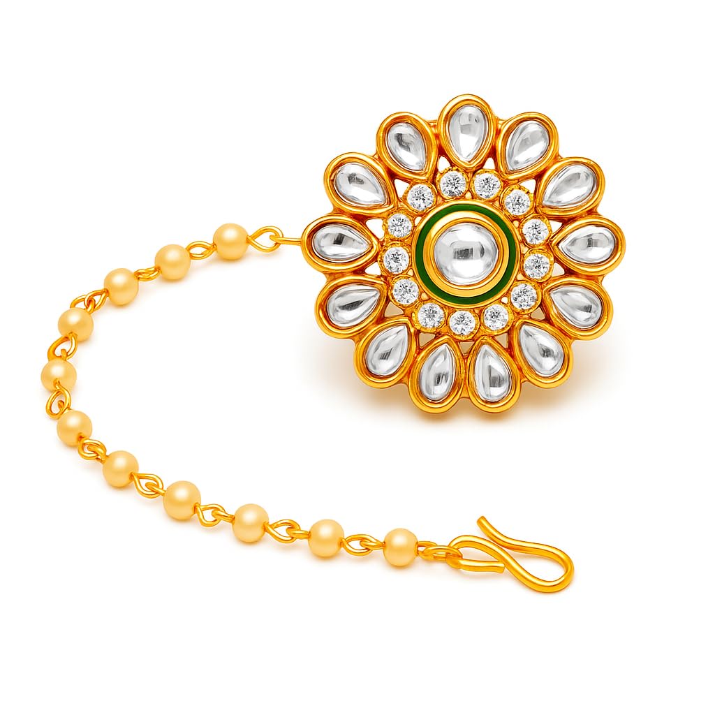 Rajasthani Rajwadi Royal White Kundan Stone Studded Flower Maang Tikka, Borla, Bor with Pearl Chain, Gold Plated For Women and Girls-image-49