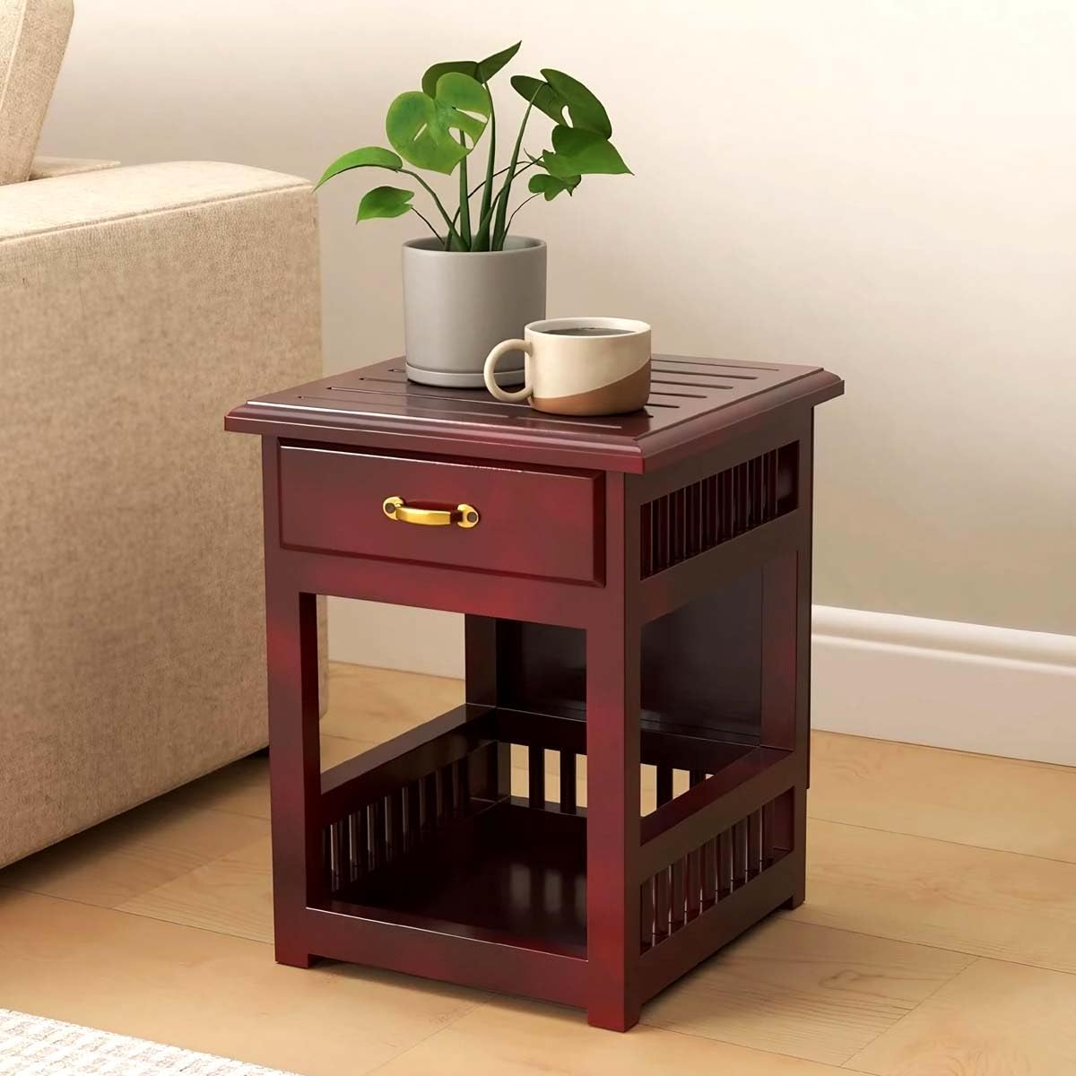 FWI Solid Mango Wood Bedside Table with Drawer & Shelf Wooden Side Table for Bedroom, Living Room & Office Nightstand, End Table & Stool for Home Decor – 14"x14"x18" (Reddish Brown)-image-42