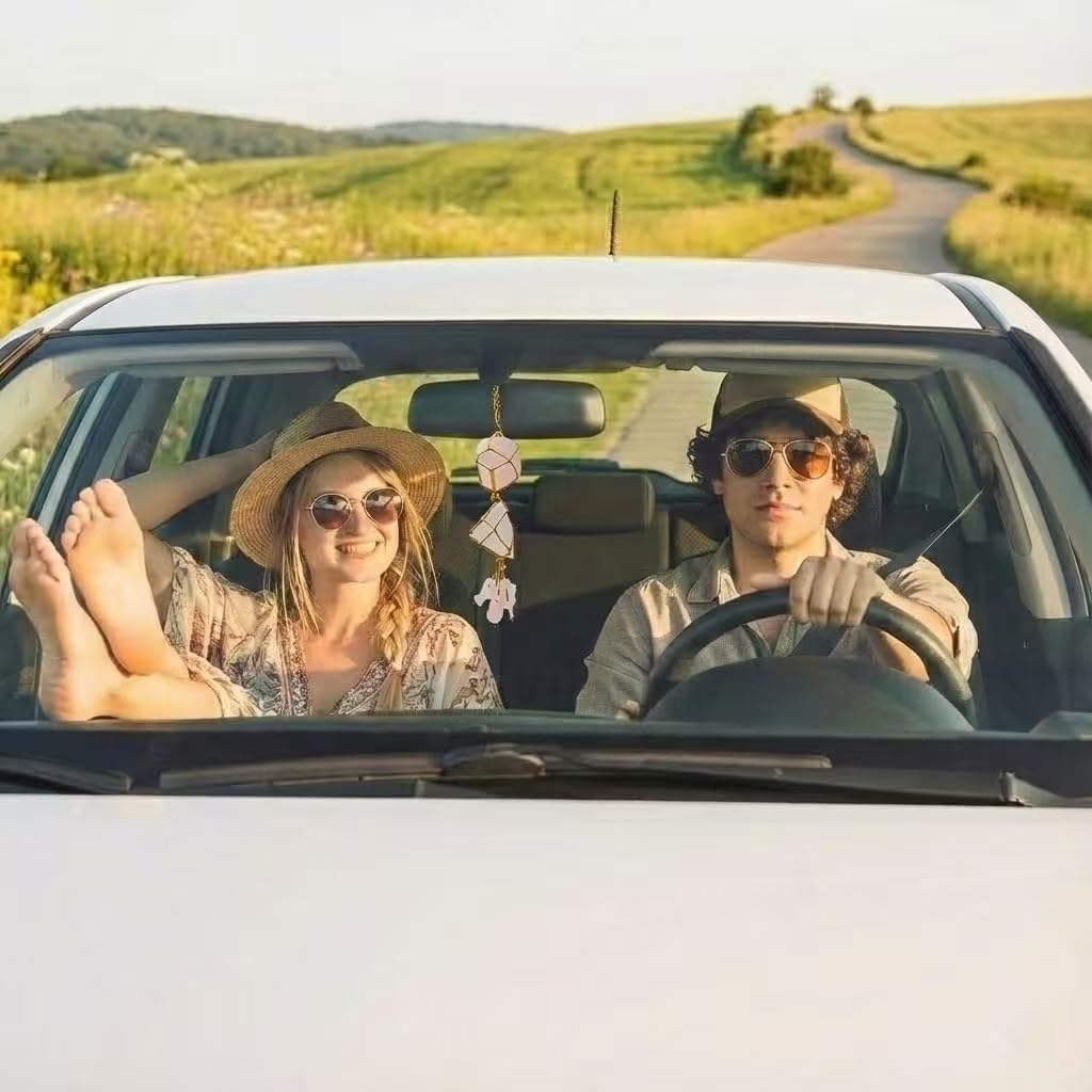 Raw Rose Quartz Car Diffuser Hanging Ornament | Natural Crystal Aromatherapy Charm for Rear View Mirror, Boho Essential Oil Diffuser for Yoga & Home Decor, Spiritual Gift Set for Women