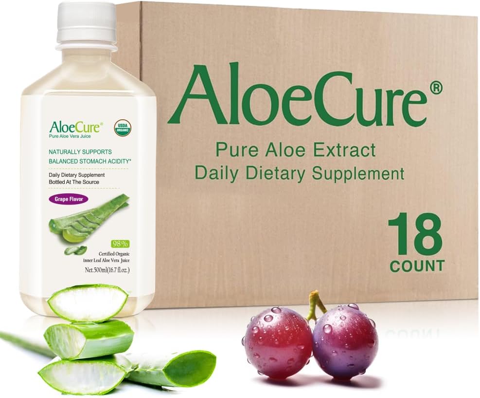 USDA Organic Aloe Vera Juice Grape Flavor, Made Within 12 Hours of Harvest - Pure Aloe Vera Digestive & Immune Health Supplement, Helps Maintain Balanced Stomach Acidity, 16.7oz x 18 Btls