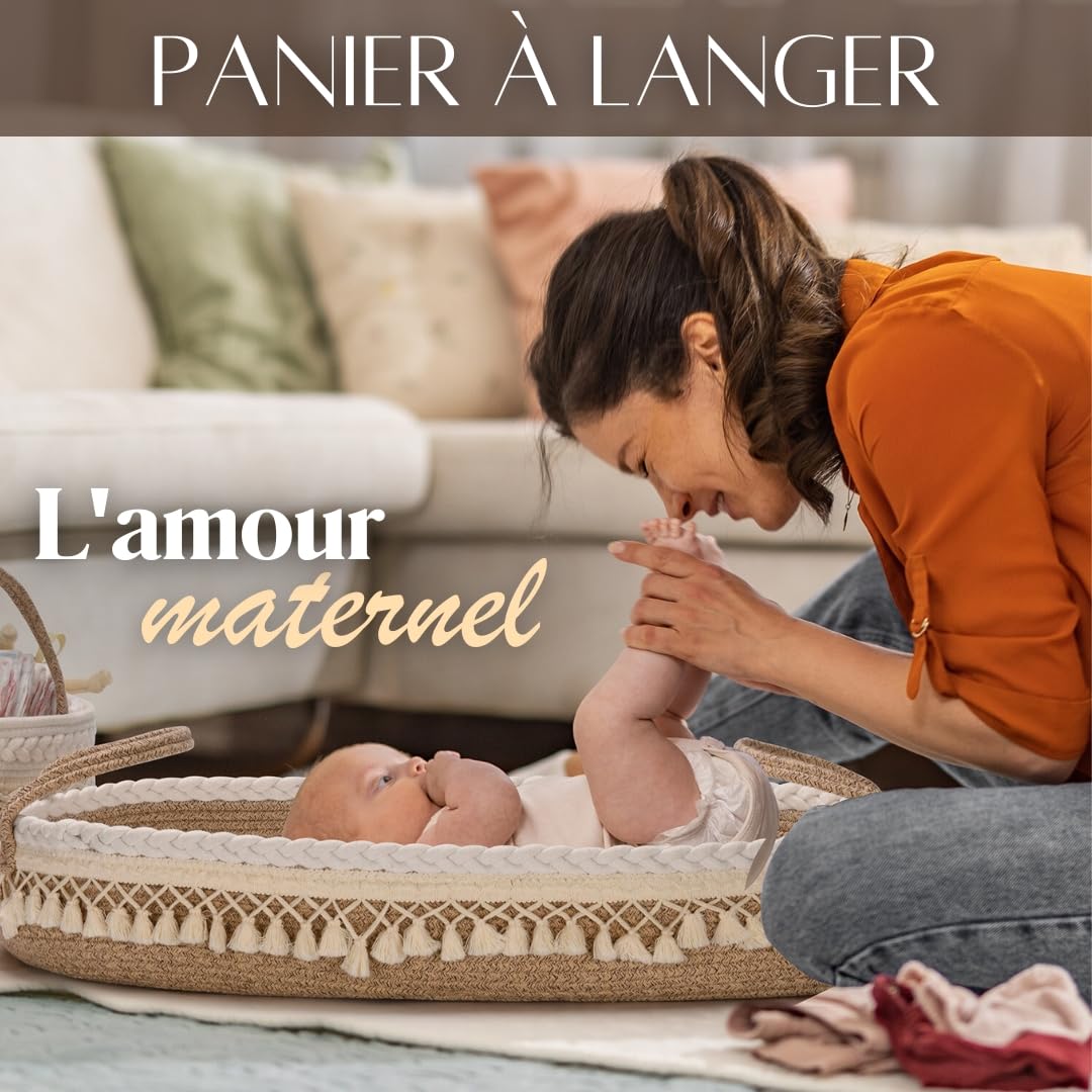 SEBRAM Panier à Langer Bébé – Matelas à Langer Portable et Imperméable, Panier de Change Tissé, Style Bohème Chic pour Table à Langer et Commode (Beige)