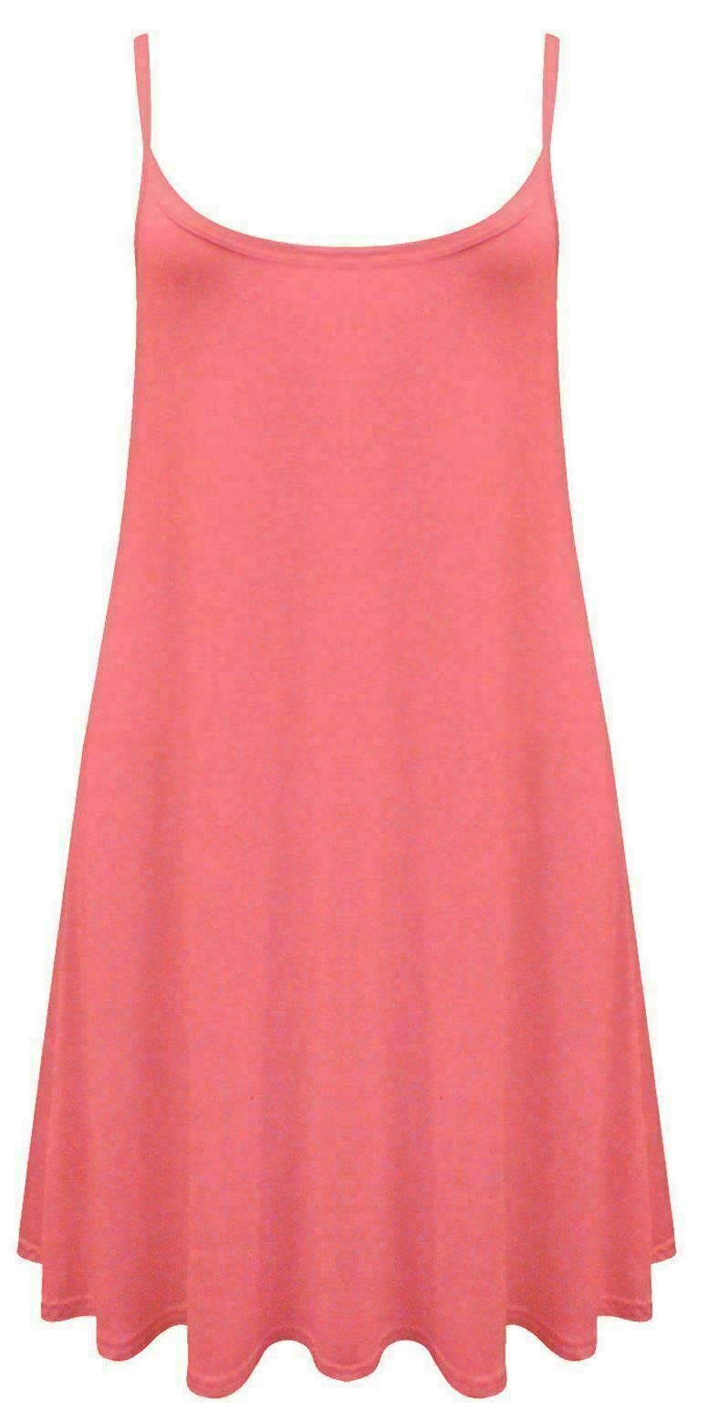 FASHION 7STAR Plus Size Womens Printed Strappy Sleeveless Ladies Mini Dress Vest Top Plain Swing Top 8-26 (Coral UK 20-22)
