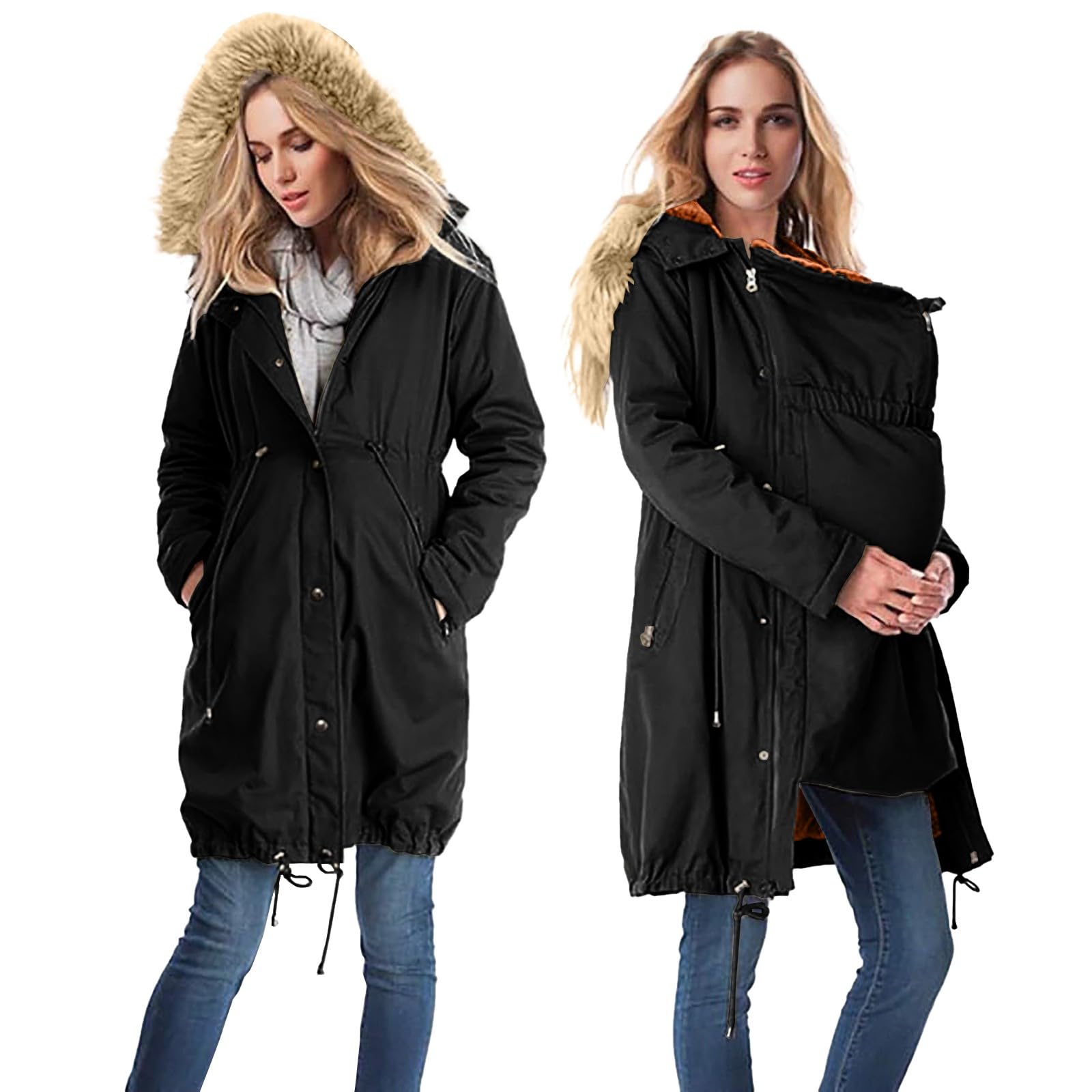 Veste De Maternité avec Empiècement pour Bébé Polyvalent Manteaux en Coton 3 en 1 d'hiver Longueur Genou avec Cordon De Serrage Réglable Et Col en Fourrure Vestes d'hiver Chaude Blousons De Maternité