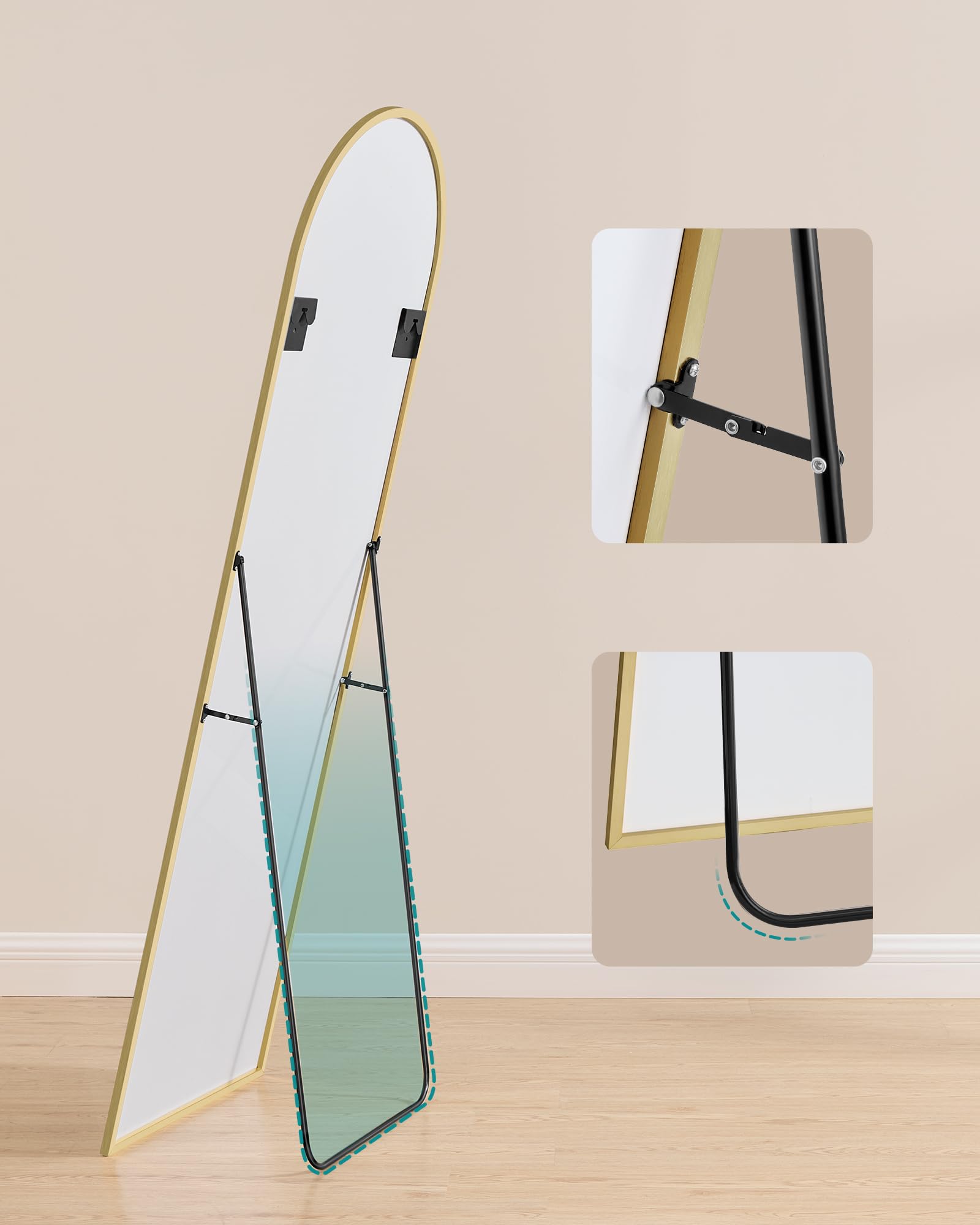 SONGMICS Lustro pełnej długości, 160 x 50 cm, łukowe lustro pełne z podstawką, rama ze stopu aluminium, szkło hartowane, do sypialni, salonu, szatni, bladozłoty LFM031A01