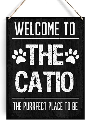 Letreros colgantes de madera con texto en inglés "Welcome to the Catio the Purrfect Place to Be", decoración de pared rústica con diseño de gato