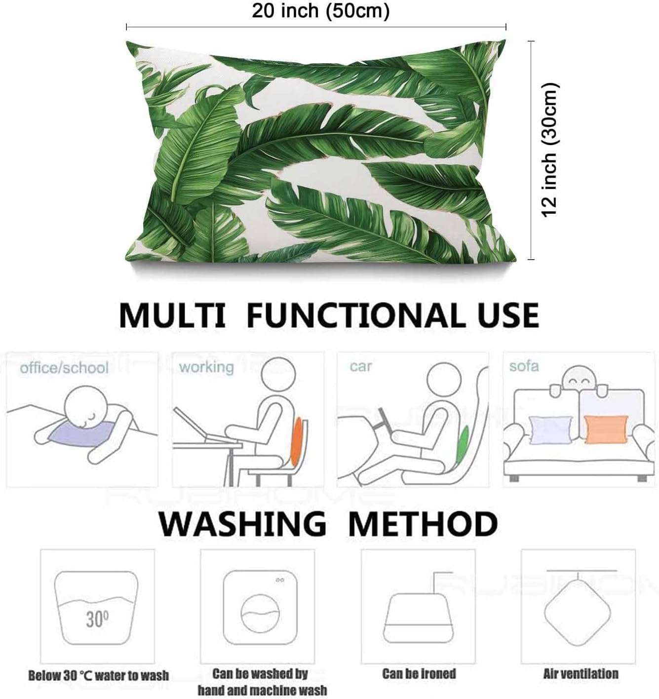 Smooffly Tropical Dense Jungle Palm Leaves Cotton Linen Throw Lumbar Waist Pillow Case Cushion Cover Home Office Decorative Oblong 12 X 20 Inches - Image 3