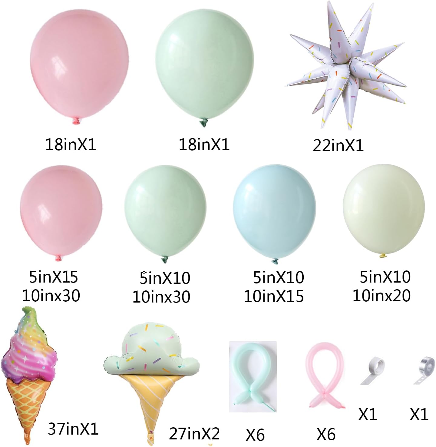 Ice Cream Balloon Arch Garland Kit,160Pcs Pastel Pink Green Yellow Blue Balloons with Ice Cream Foil Balloons for Kids Girls Birthday Baby Shower Candyland Sweet One Two Sweet Party Decorations - Image 2