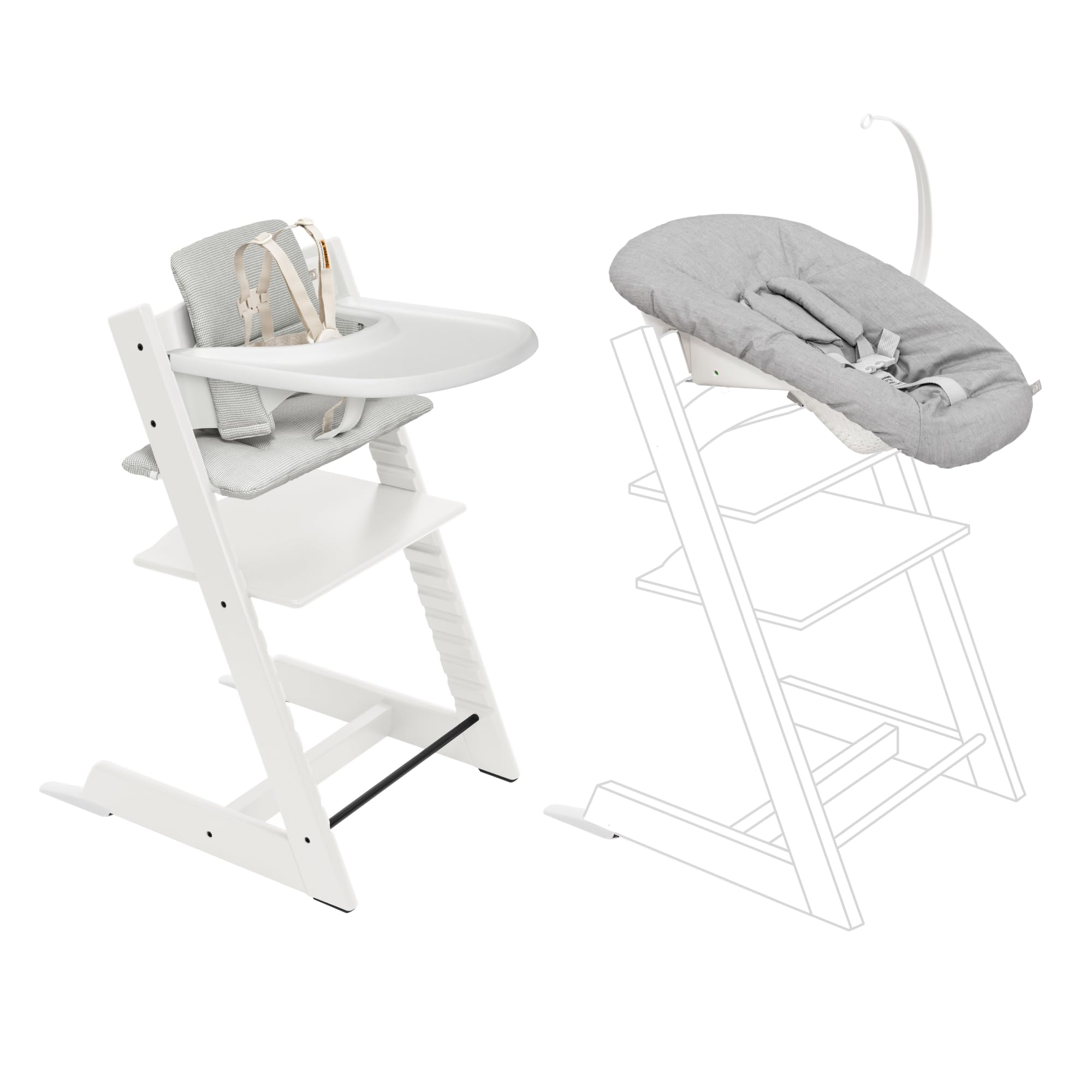 StokkeTripp Trapp High Chair 2 (White) + Newborn Set + Cushion 2 (Nordic Grey) + Stokke Tray (White) - Includes Chair & Baby Set with Removable Harness for Children 6-36 Months