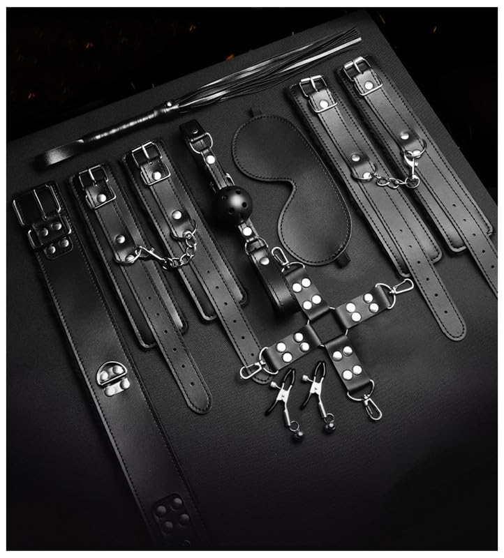 Sex Bondaged 10 Pezzi Regolabile in Pelle Nera Combinazione Kit con Manette in Pelle Regolabile E Sex Piuma Bastone - D25