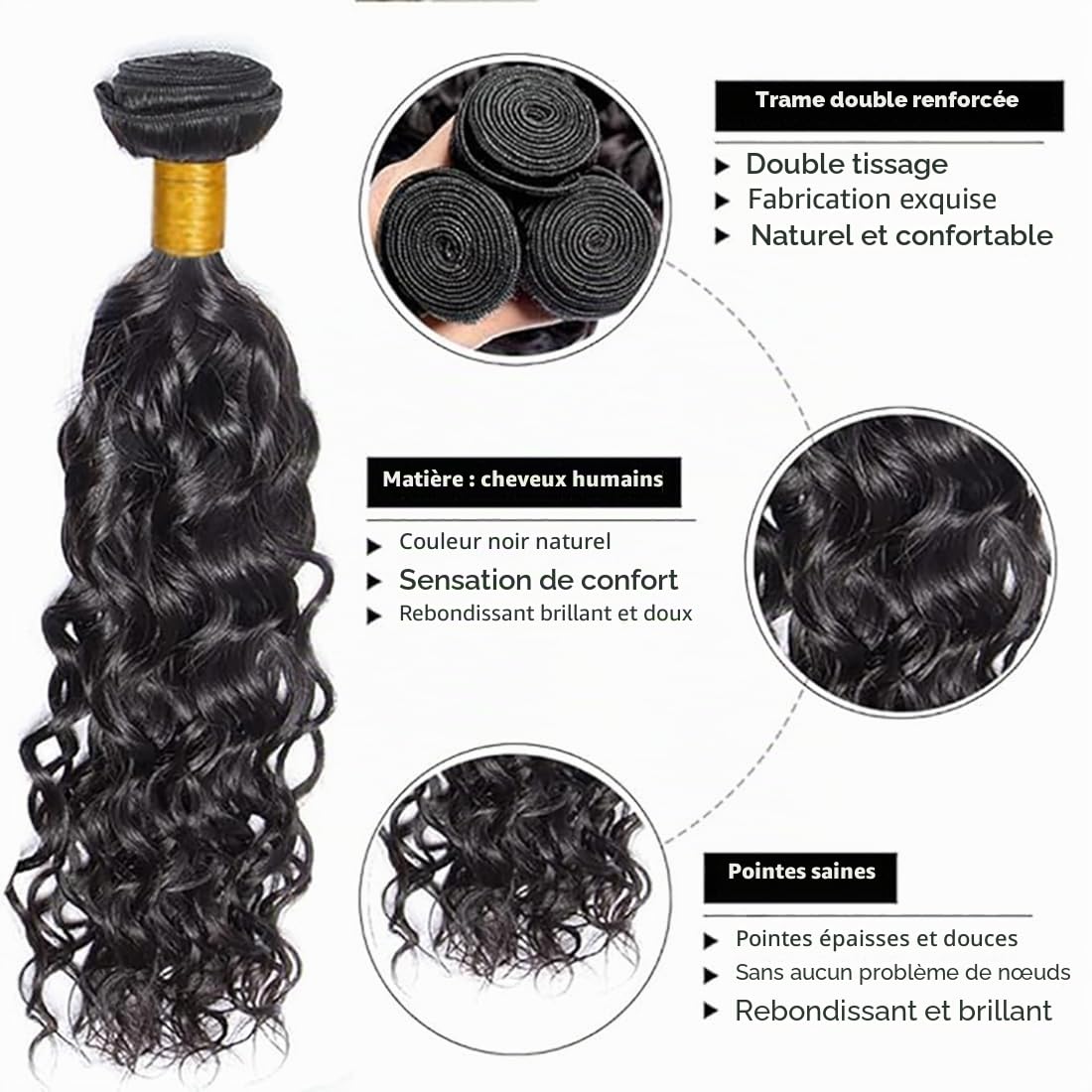 Tissage Naturel Cheveux Humain Naturels Water Wave Human Hair Bundles Weave Extensions 100g/Per Double Weft Couleur #1B Natural Black 14 16 18 Pouces