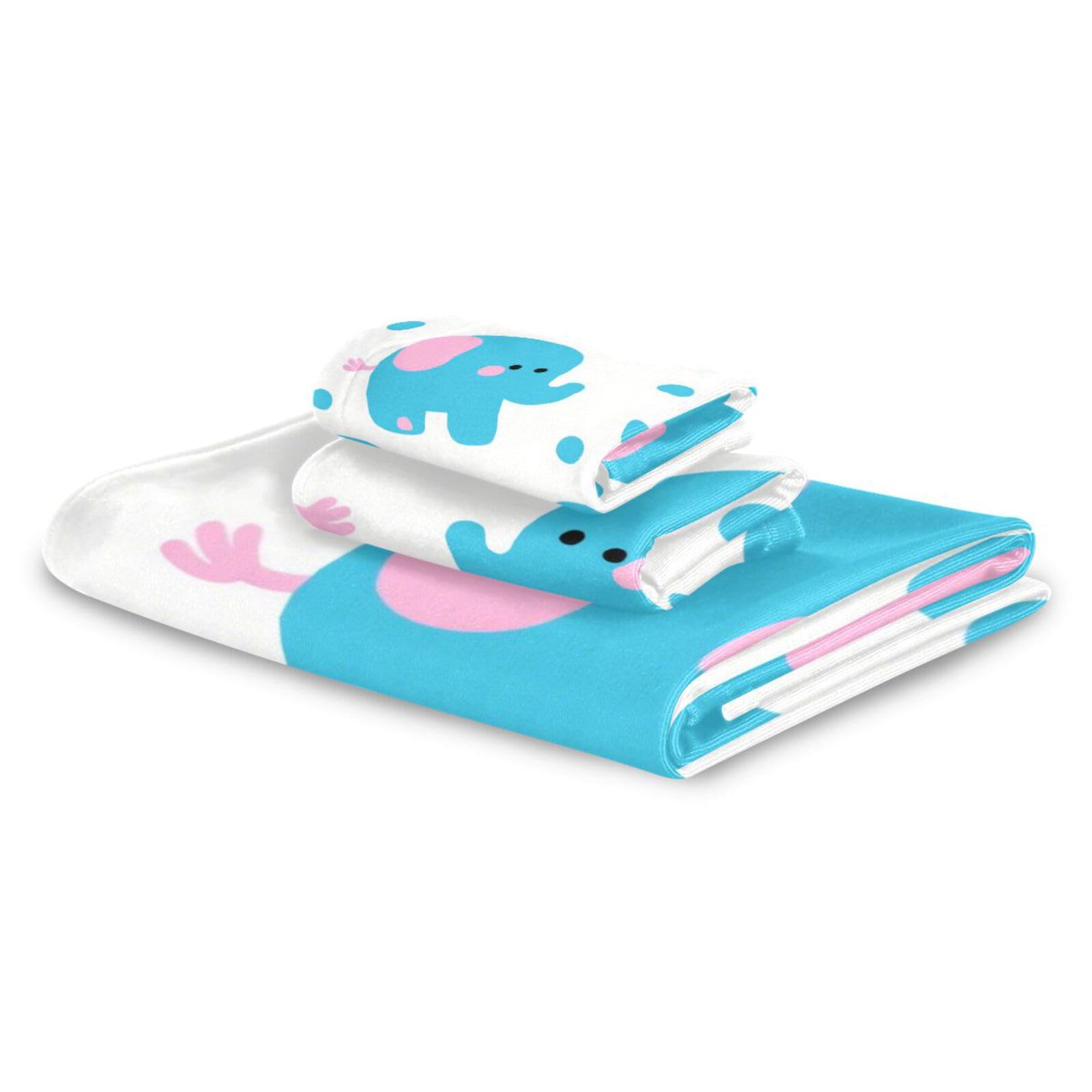 Set di 3 asciugamani morbidi per il viso con elefanti blu in stile cartone animato, 1 asciugamano da bagno, 1 asciugamano per le mani, 1 panno per la casa, cucina e famiglia
