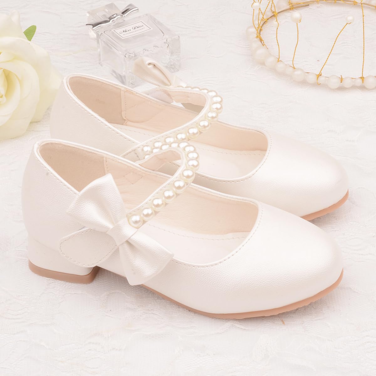 Zapatos de Princesa Niñas con Perlas y Pajarita Zapatos de Vestir Mary Jane con Tacones para Bodas Fiestas