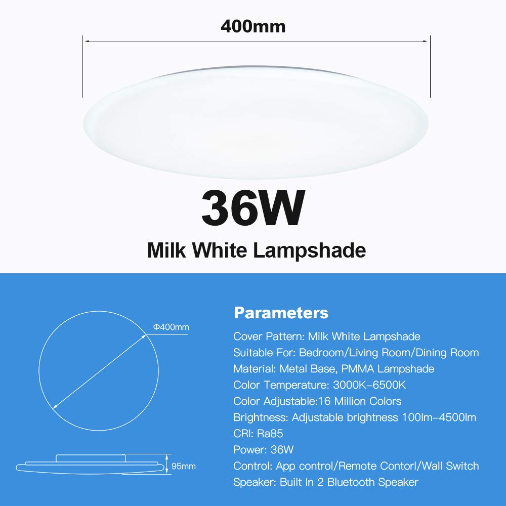 36W Φ40cm Musica Plafoniera Led Bluetooth Altoparlante con Telecomando,Lampada da Soffitto Cambia Colore Regolabile ,Moderno Smart RGB Illuminazione Interni per Camera da Letto Cucina Soggiorno Bagno