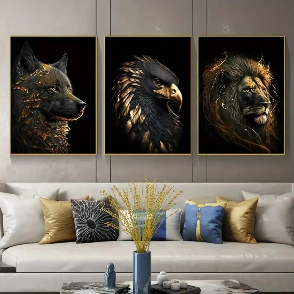 HURCP Set Of 3 Canvas Poster Modern Black Golden Wolf Gold Eagle Lions Power Animals Wall Art Prints Gift Men Bedroom Living Room Dorm Gallery Corridor Decor Picture,A4 (21X30CM)