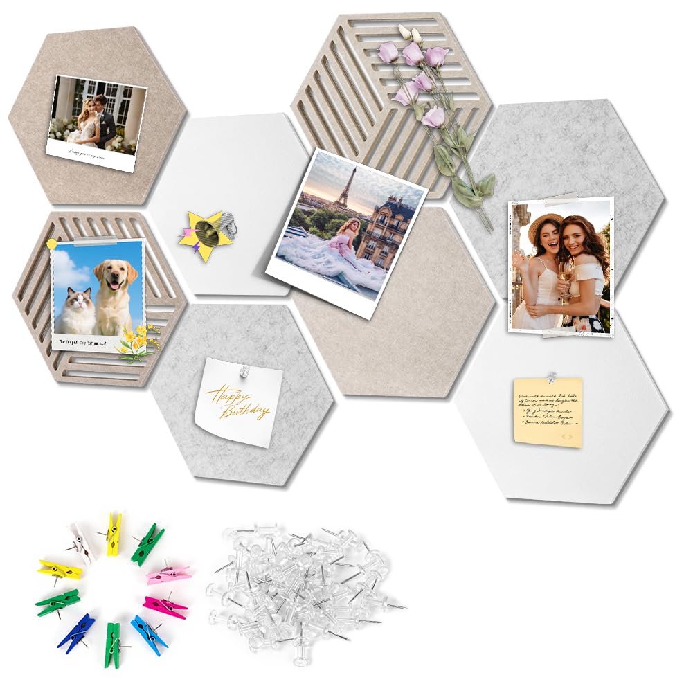 Ainiv 8 Stück Sechseckige Filz Pinnwand, Selbstklebende Heimwerken Pinnwand, Memotafeln Pinwand, Vision Board mit 40 Pinnnadeln und 10 Bunten Holzclips, Korkwand für Büro Home Schlafzimmer (Kameltöne)
