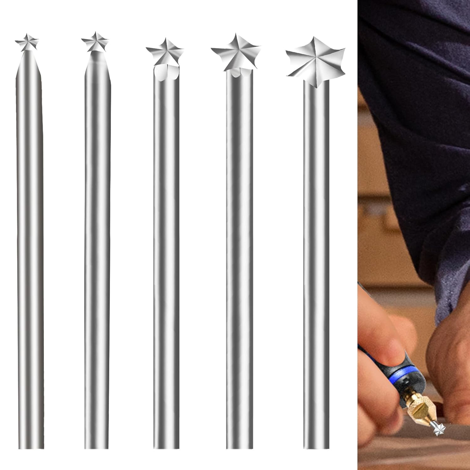 Wood Carving Tool KitFive Different Drill Bits, DIY Carving Crafts Shape 3mm Shank Diameter,Sturdy Steel Culpture Engraving Tools (Five-Star Knife)
