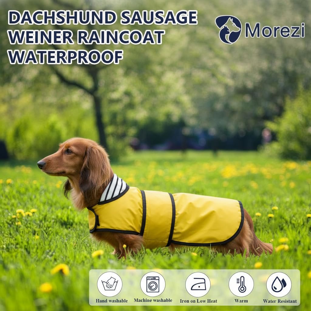 MOREZI Impermeable Elegante para Perros. Impermeable y Resistente a la Lluvia. con Bandas Reflectantes y Correas Ajustables. Adecuado para Perros salchichetes-Amarillo-S