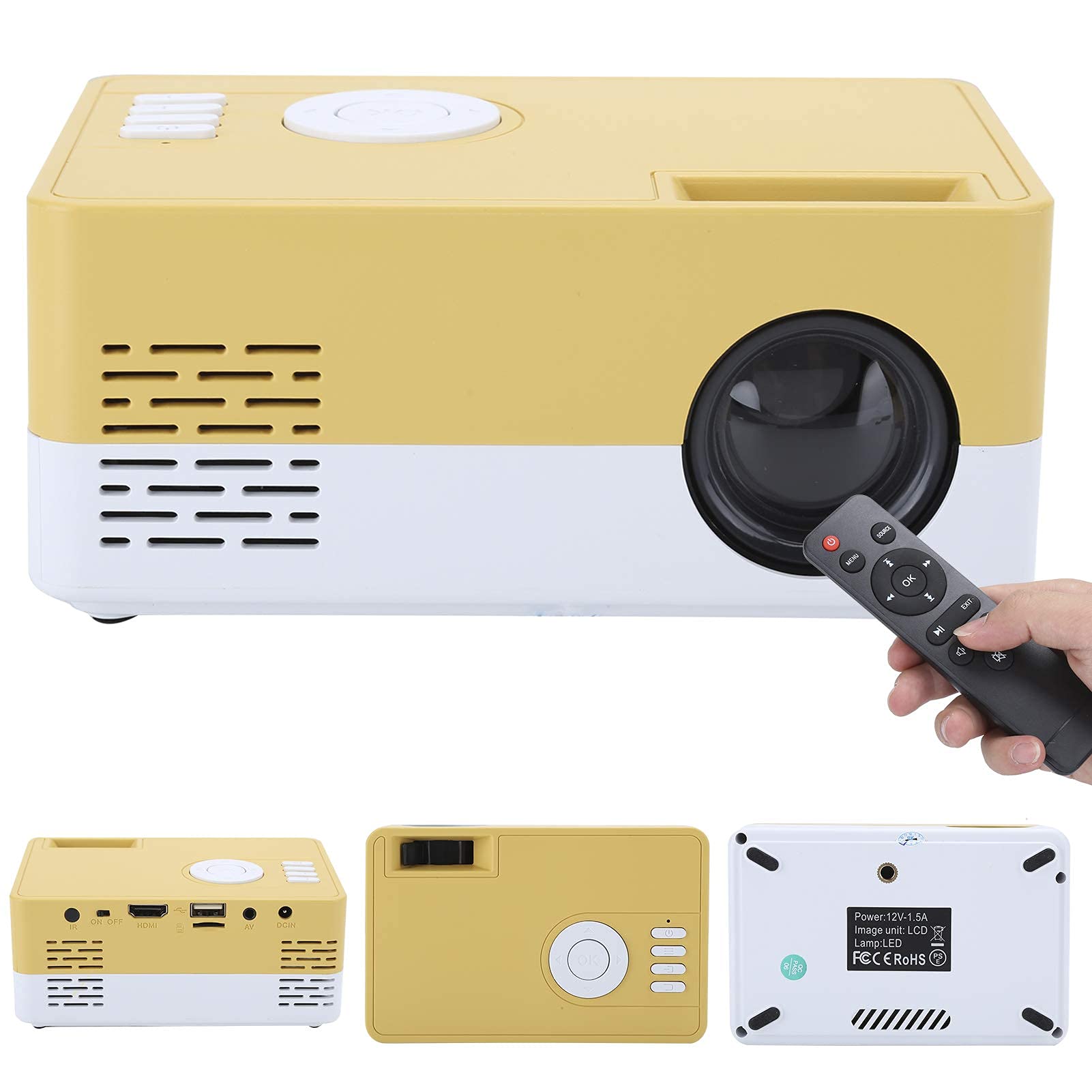 Dpofirs Proyector LED de 1800 LX, Mini proyector portátil con proyección de 24-60 Pulgadas, Reproductor Multimedia de Video de Cine en casa de 1920 X 1080p Proyector con Estante(Blanco Amarillo)