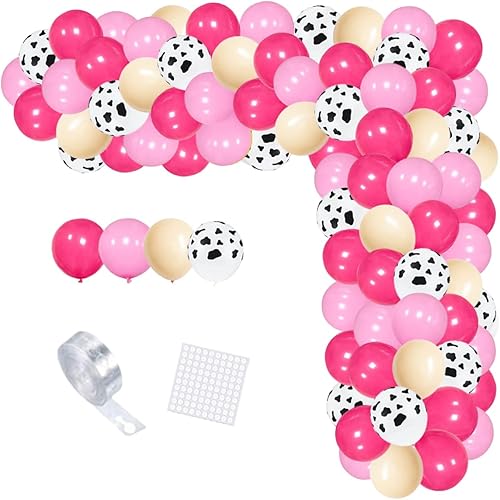 Miniatura 8 de Juego de globos de vaca color rojo rosa y rosa - 122 globos con estampado de vaca, guirnalda de arco de globos color nude para niña, cumpleaños de